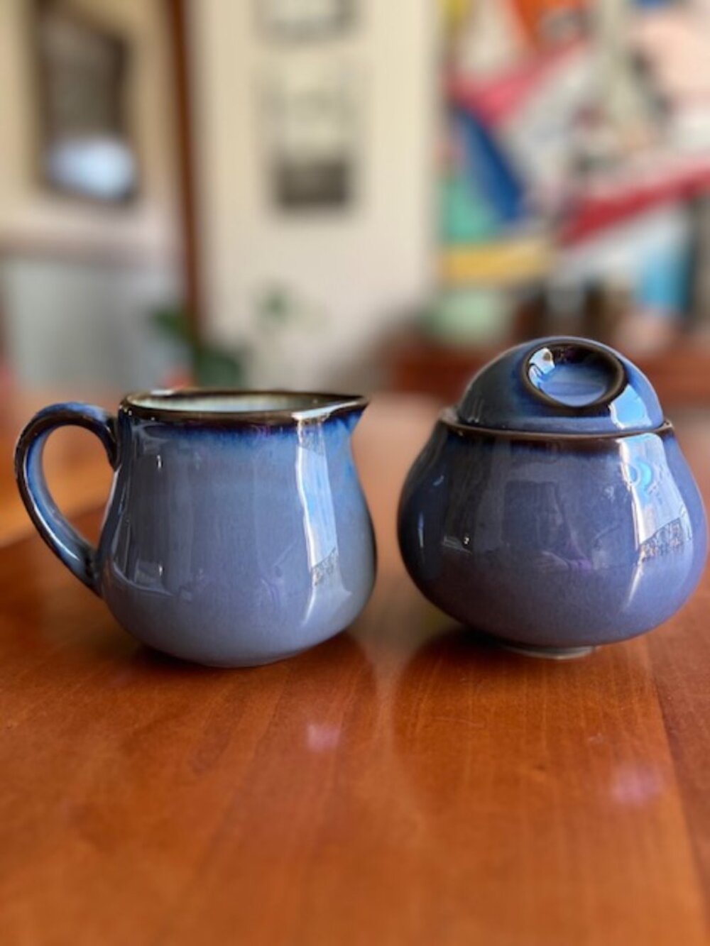 VTG Sango "Nova Blue" Stoneware Ceramic  MCM  Creamer & Sugar Bowl With Lid Set
